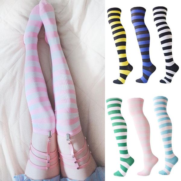 

kawaii lolita pink long socks overknee socks high girls womens female long knee blue and white stripes sock, Black;white