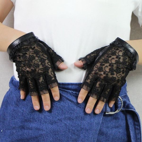 

five fingers gloves special offer 2021 fashion women lace sheepskin wrist genuine lambskin leather glove unlined solid sunscreen, Blue;gray