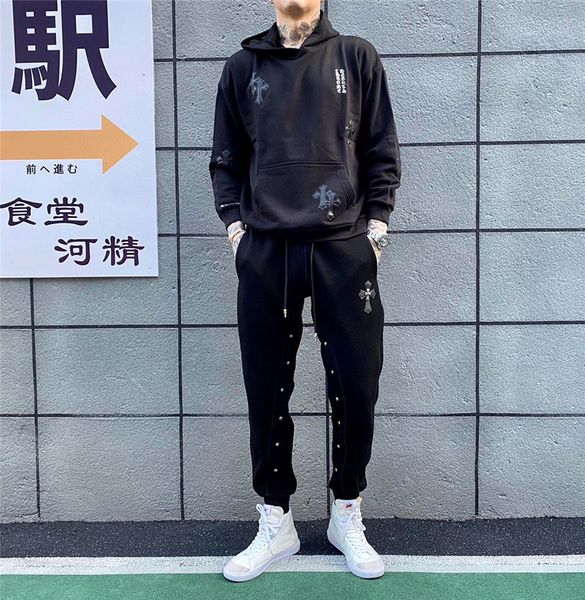 

новый зимний крест санскрит вышитые утолщенные спортивные штаны для мужчин, Black