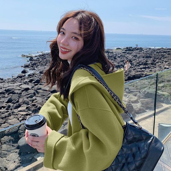 

2020 new winter women green single breasted wool jacket female hooded long sleeve ladies sweet coat girls long section outwear1, Black