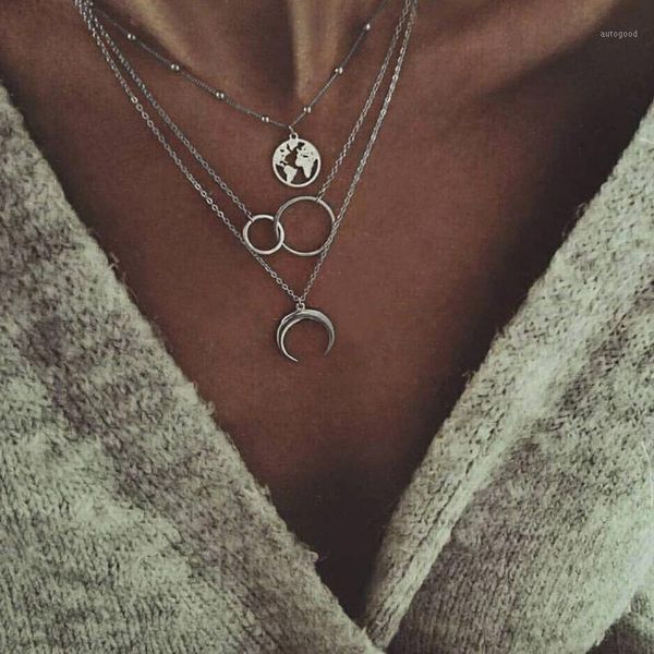 

retro moon circle pendant multilayer silver necklace party charm jewelry accessories christmas women gifts wholesale1