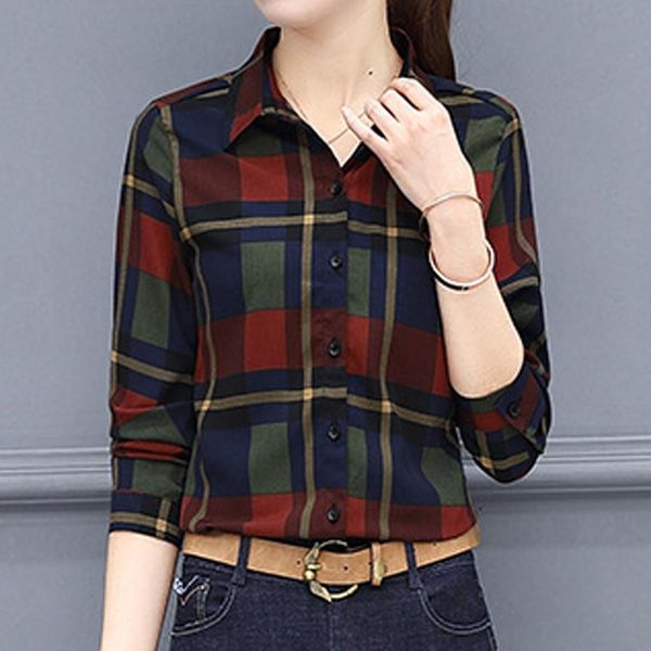 

woman turn-down collar blouses tartan plaid flannel blouse roll up sleeve casual office button down blouse camisas mujer, White