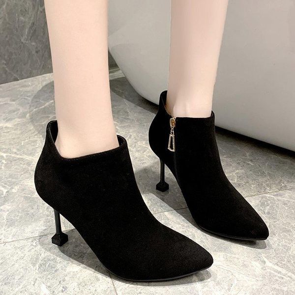 

sexy stiletto высоких каблуков замша сапоги женщина черный острый нос ботильоны женщины на высоких каблуках коротких зимняя обувь 2020, Black
