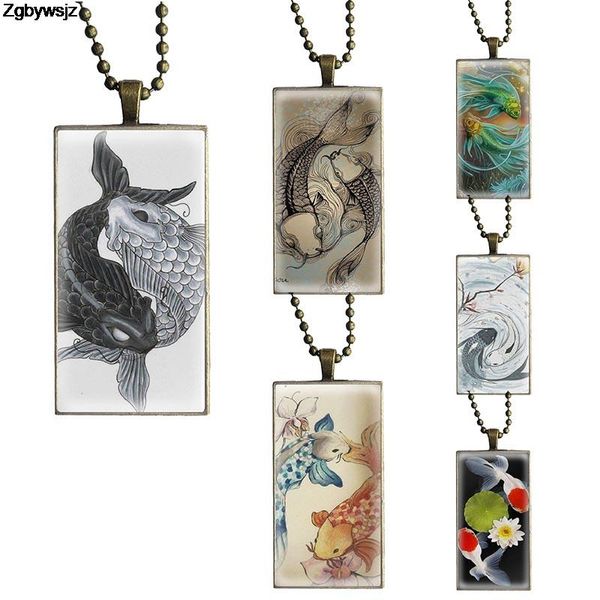 

pendant necklaces yin yang koi fish design fashion vintage glass women rectangle necklace pendants for party, Silver