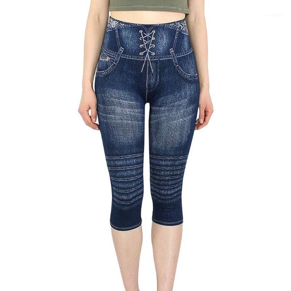 

women's leggings women imitation jeans printed high-waist elastic calf-length yo-ga sport pant ladies workout fitness legging sweatpant, Black