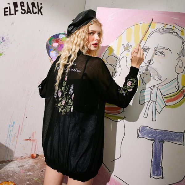 

elfsack black floral embroidery knitted women cardigans 2021 summer elf white see-through full sleeve korean female daily