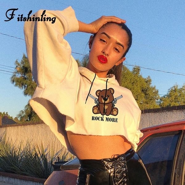 

fitshinling bear print kawaii hoodies for women korean white cropped hoodie autumn winter slim white female sweatshirt with hood y200610, Black