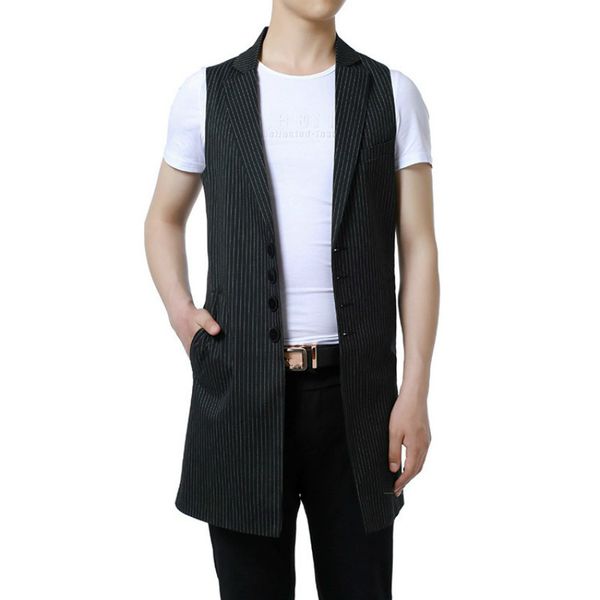 

2021 new men's vests long fashion thin single vest breasted turn down collar classic stripes outerwear ewqg, Black;white