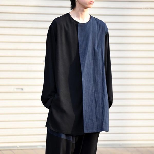 

original design patchwork loose round collar irregular asymmetrical color contrast shirt large size cotton and linen shirt1, White;black