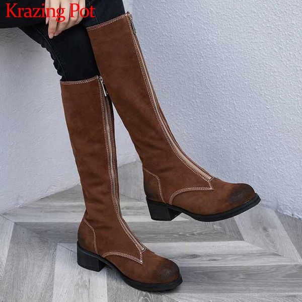 

krazing pot cow leather natural suede artist design motorcycle boots round toe med thick heels streetwear knee high boots l9x, Black