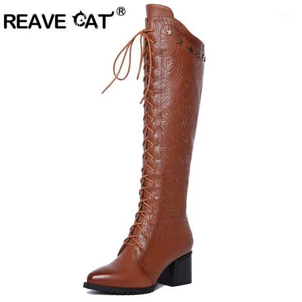 

reave cat winter women boots long boots lace-up genuine leather casual knee warm totem high shoes women zipper a7771, Black