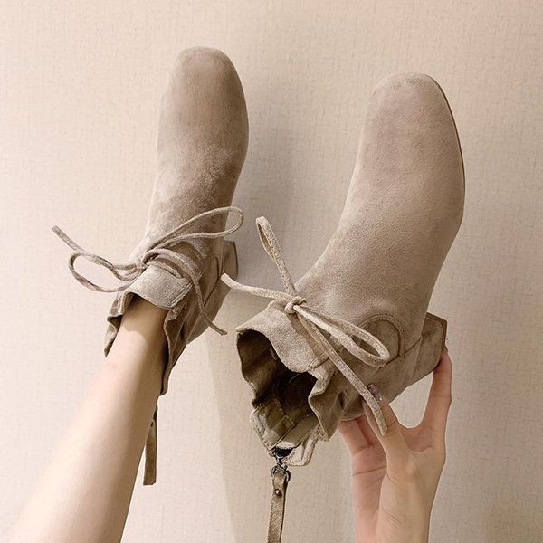 

квадратная голова короткие сапоги женские осень зима semi-high heeled англия ретро лук шнуровке bla замши лодыжки бо леди обувь -40, Black