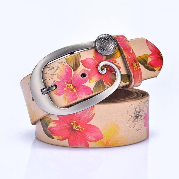 

Thin Belt Ladies Rose Flower Print Luxury Genuine Belt Female Ceinture Femme Fashion Jeans Dress Belts For Women GB121, Black;brown