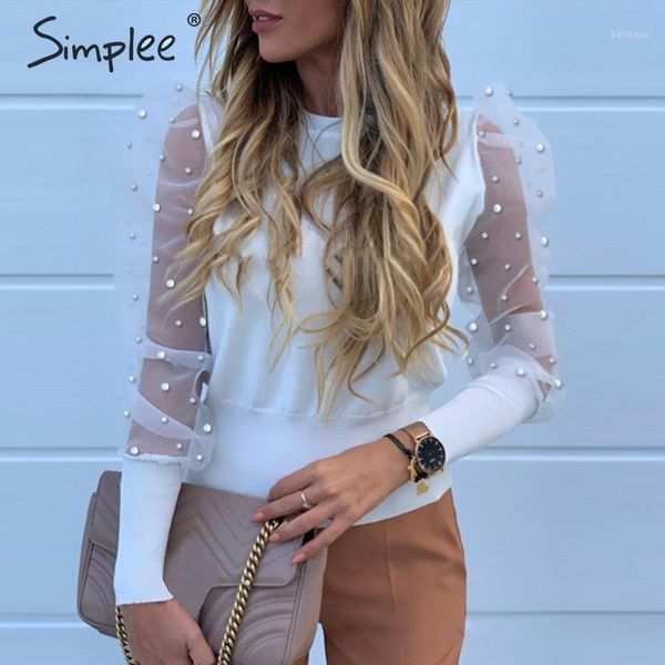 

simplee elegant pearl mesh blouse shirt women puff sleeve female knitted shirt autumn sold casual party wear ladies 1, White