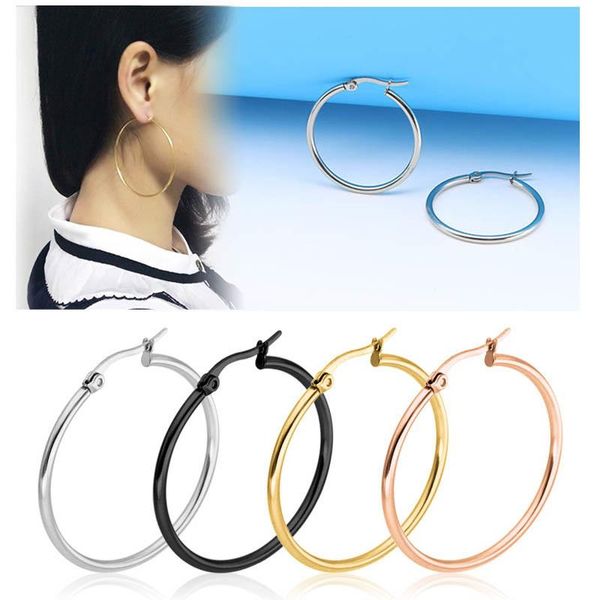 

hoop & huggie fashion big smooth circle earrings for women 10-75mm stainless steel round statement party girl gift jewelry, Golden;silver