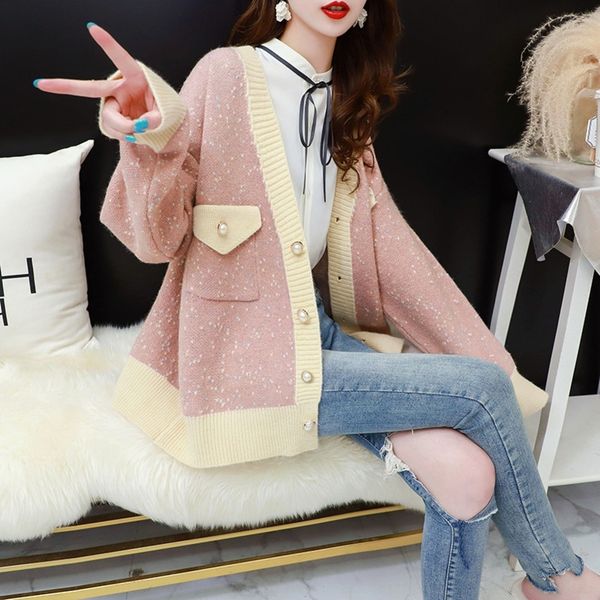 

kgnxq ленивый xiaoxiangfeng кардиган женщин 2020 новой корейской версии осень свободный износ цвет чистый ветер пальто sweatersweater свитер, White;black