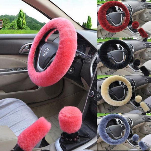 

soft plush spring steering wheel cover kit with slever hand brake wool cover winter warm car accessories1