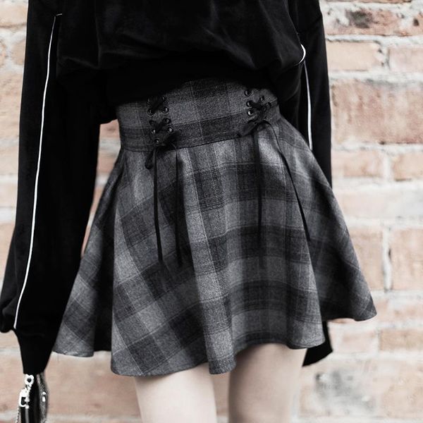 

new gothic autumn winter gray plaid skirts shorts women's pleated skirt short punk girl's skirt short a-line mini skirt, Black