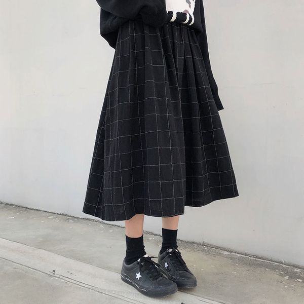

2 colors japanese style high elastic waist long skirts woman 2019 autumn winter plaid a-line pleated skirts womens (x1078) q0104, Black