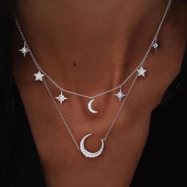 

kinfolk fashion star moon pendant necklace boho geometric crystal layered necklaces for women collar choker jewelry statement, Golden;silver