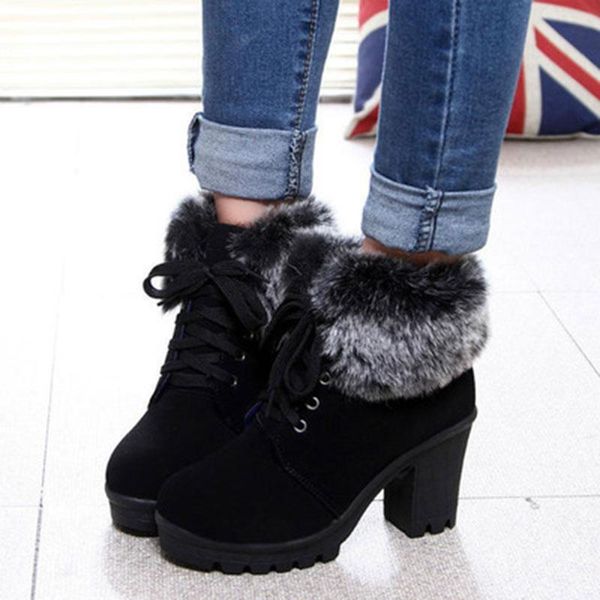 

winter ankle boots women 2020 for women shoes lace up keep warm shoe high heel plush ankle woman boots, Black