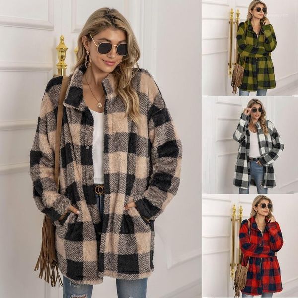 

women's wool & blends winter 2021 warm european and american women sweater cardigan contrast color plaid long coat coat1, Black