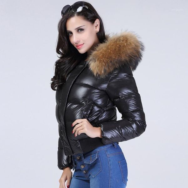 

large real raccon fur hooded waterproof winter puffer jacket women slim 90% duck down coat short shiny female feather down parka1, Black