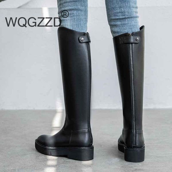 

2020 new winter shoes women's high boots cow leather med-heel handsome riding boots keep warm knee-high mujer, Black