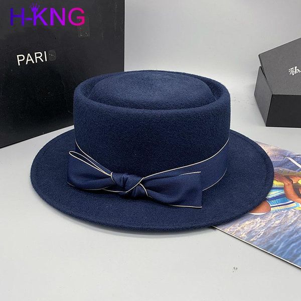 

fashion women's wool hat elegant ribbon large brim europe style party hat flat bowler women autumn winter, Blue;gray