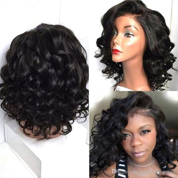 

short wavy human hair full lace bob wigs for black woman natural body wave lace front human hair wigs with baby hair brazilian wet wave wigs, Black;brown