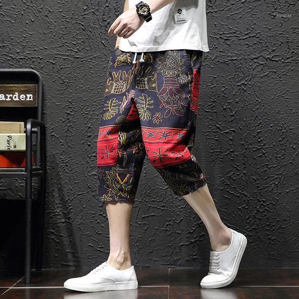 

pants men 2020 new summer fashion casual printing cotton and linen loose calf-length joggers men pants1, Black