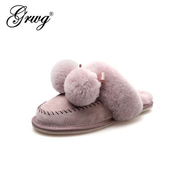 

100% genuine leather natural fur slippers fashion female winter shoes women warm indoor slippers soft wool lady home shoes y201026, Black