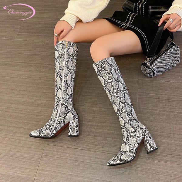 

nightclub style round toe ankle boots knee-high boots fashion zipper serpentine plaid high heel thick riding women's shoes, Black