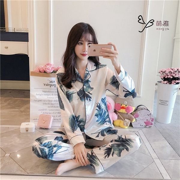 

spring women satin pajamas sets sleepwear pyjamas sleep lounge long sleeve flower print nightsuits pijama silk plus size 5xl y200708, Black;red