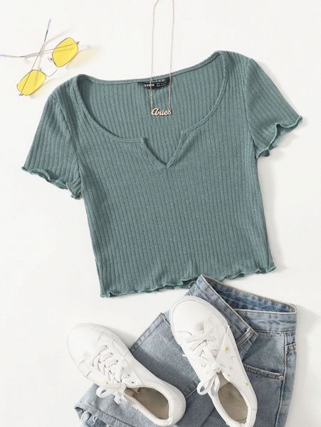 

notch neck lettuce edge tee i0a5#, White