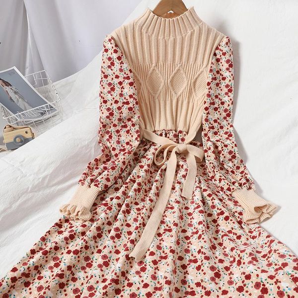 

casual dresses autumn sweater a-line dress for womens winter stitching knit ruffles midi long corduroy print vintage female ful, Black;gray
