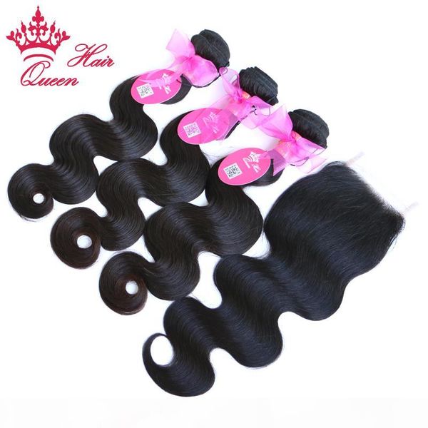 

queen hair 1pc lace closure with 3pcs bundle,4pcs lot brazilian virgin human hair extensions body wave 10"-28, Black