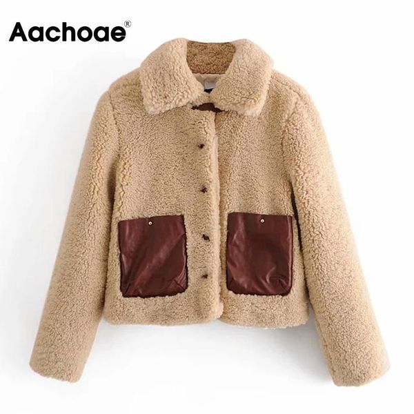 

aachoae fashion patchwork teddy coat women turn down collar casual ladies outerwear long sleeve pocket coat autumn spring, Black
