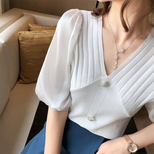 

vrkps ice silk knitted knitwear knitwear knitwearwomen's stitching v-neck early autumn new elegant sleeve short 2020 chiffon thin kni, White;black