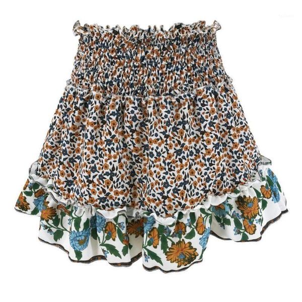 

women summer ruffled floral print elastic tight high waist short skirt1, Black