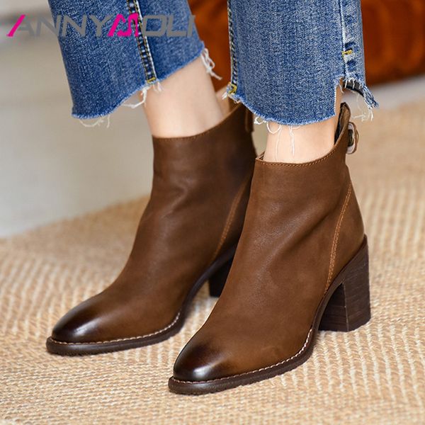 

annymoli ankle boots women shoes genuine leather high heel short boots rivet zip thick heels ladies autumn brown size 40, Black