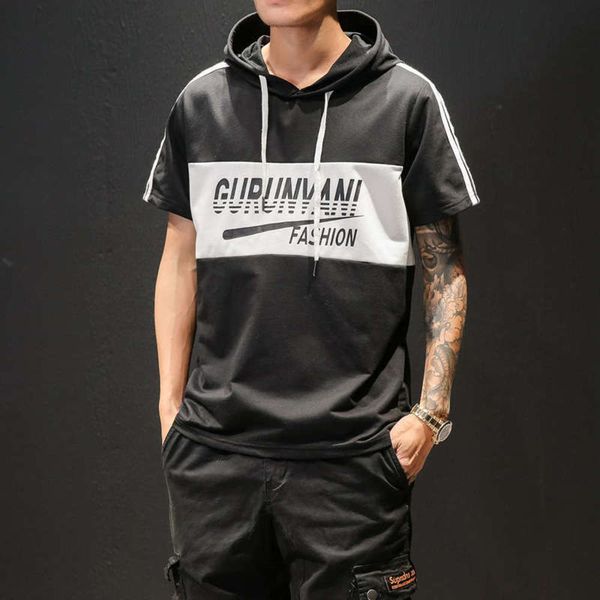 

half short hooded sweater summer new sleeve loose big size sports men's fashion brand t-shirt, Gray