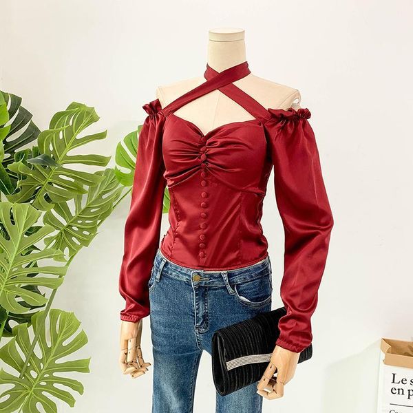 

2019 new fashion women's blouse shirt vintage solid color cross hanging neck strapless long sleeve single-breasted shirt, White