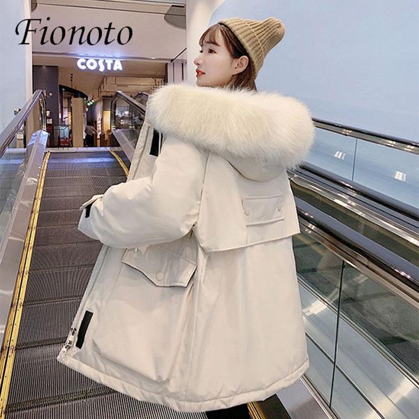 

women's down & parkas fionoto large natural fur collar hooded winter thick cotton warm jacket 2021 women female loose outerwear, Black