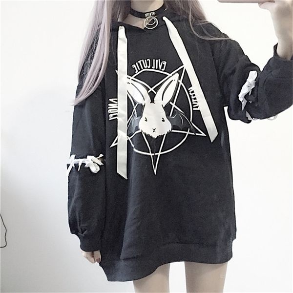 

japan harajuku lolita cute style women sweatshirt rabbit pentacle printting lace up casual loose long sleeve hoodies y200915, Black