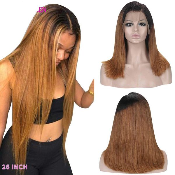 

straight 13*4 lace front human hair wigs ombre 2# brown color wig density 130% 150% brazilian remy hair bleached knots, Black;brown