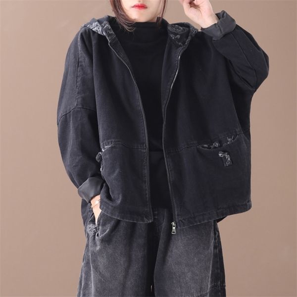 

johnature winter new vintage denim parkas hooded coats black patchwork women cloths warm pockets zipper loose parkas caots 201210