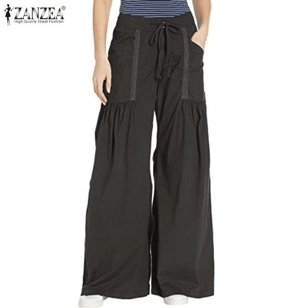

women's hip hop trouser zanzea 2021 spring casual wide leg elastic waist pants female solid pockets drawstring bottoms oversize, Black;white
