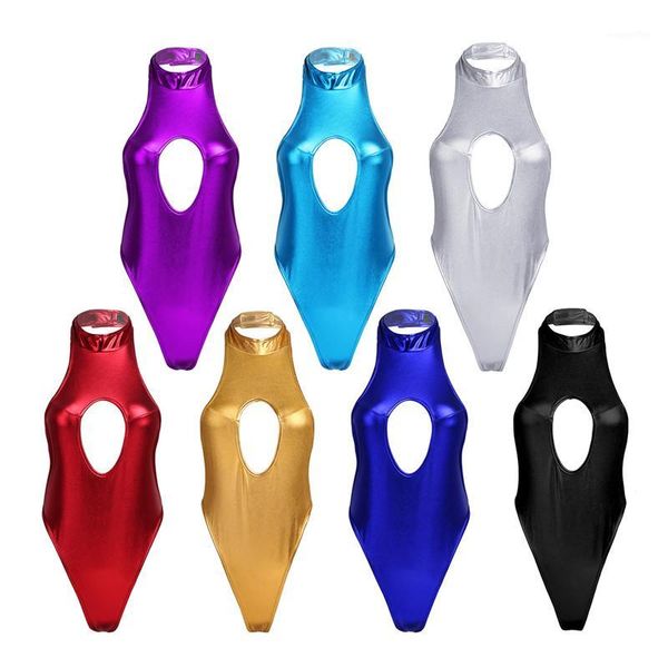 

women wet look faux leather catsuit bodysuit halter neck backless half bust open sukumizu high cut thong leotard bodysuit1, Black;white