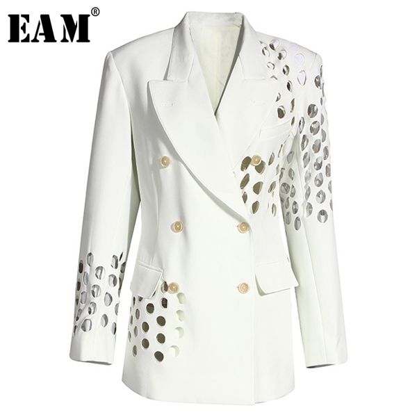

eam] women white hollow out double breasted blazer new lapel long sleeve loose fit jacket fashion spring autumn 2020 1y332 c1008, White;black